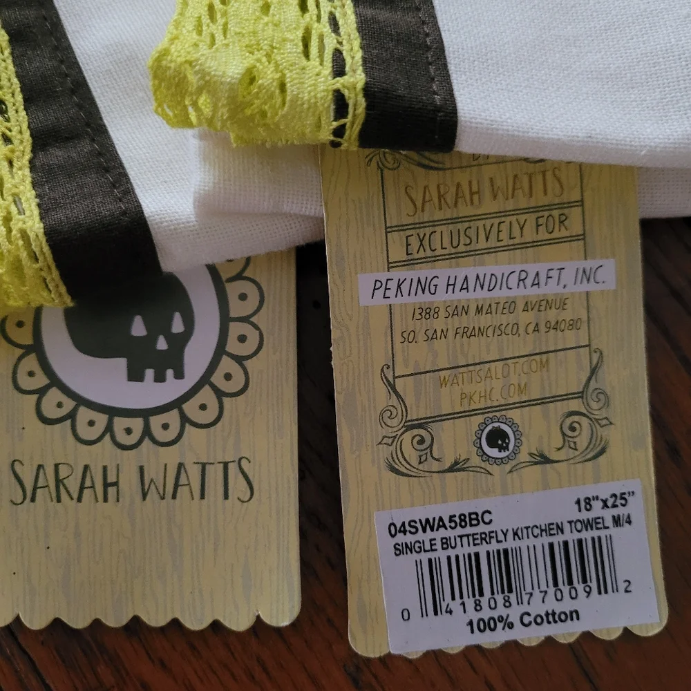 Set of 2 Botanical Butterfly Cotton Kitchen Towels w/ Crochet Trim NWT Orig $69